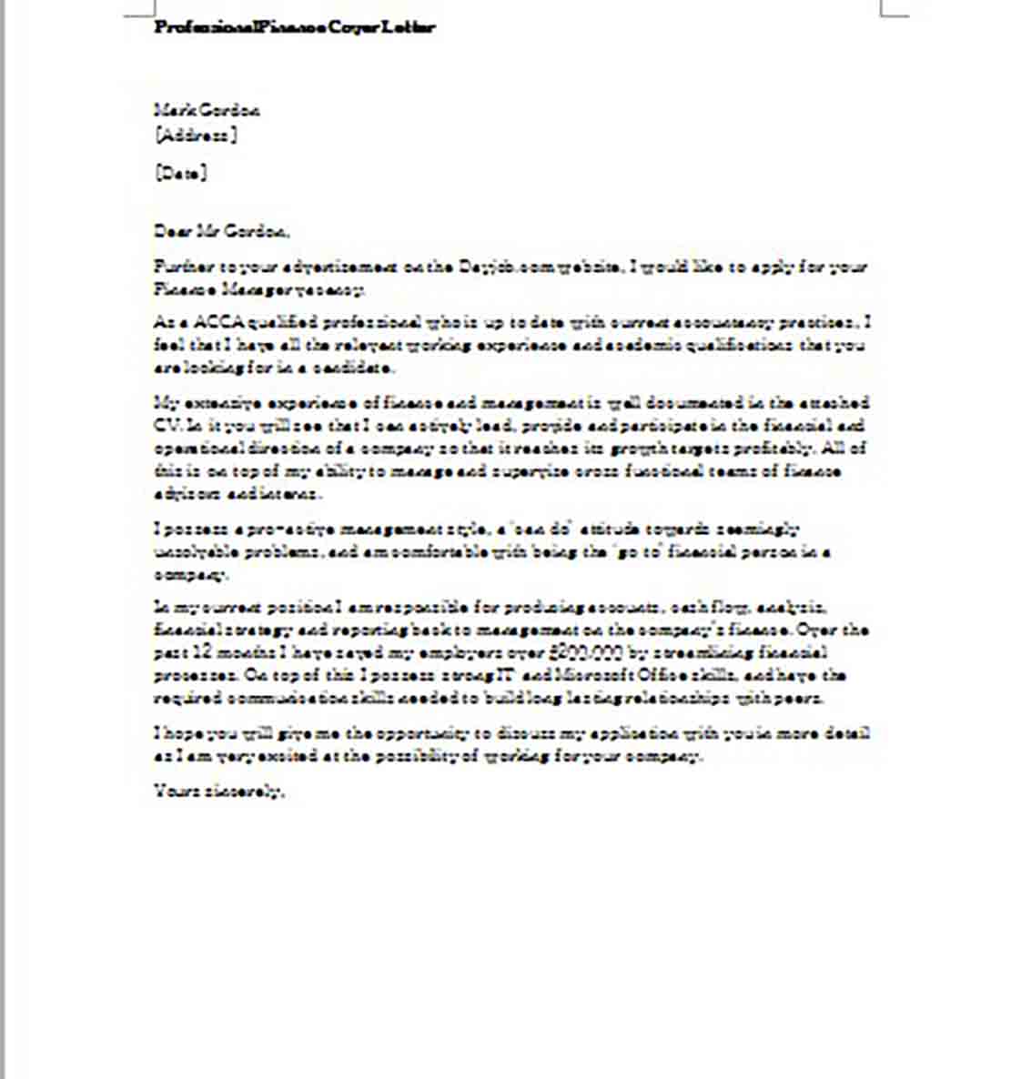Professional Finance Cover Letter Professional Finance Cover Letter
