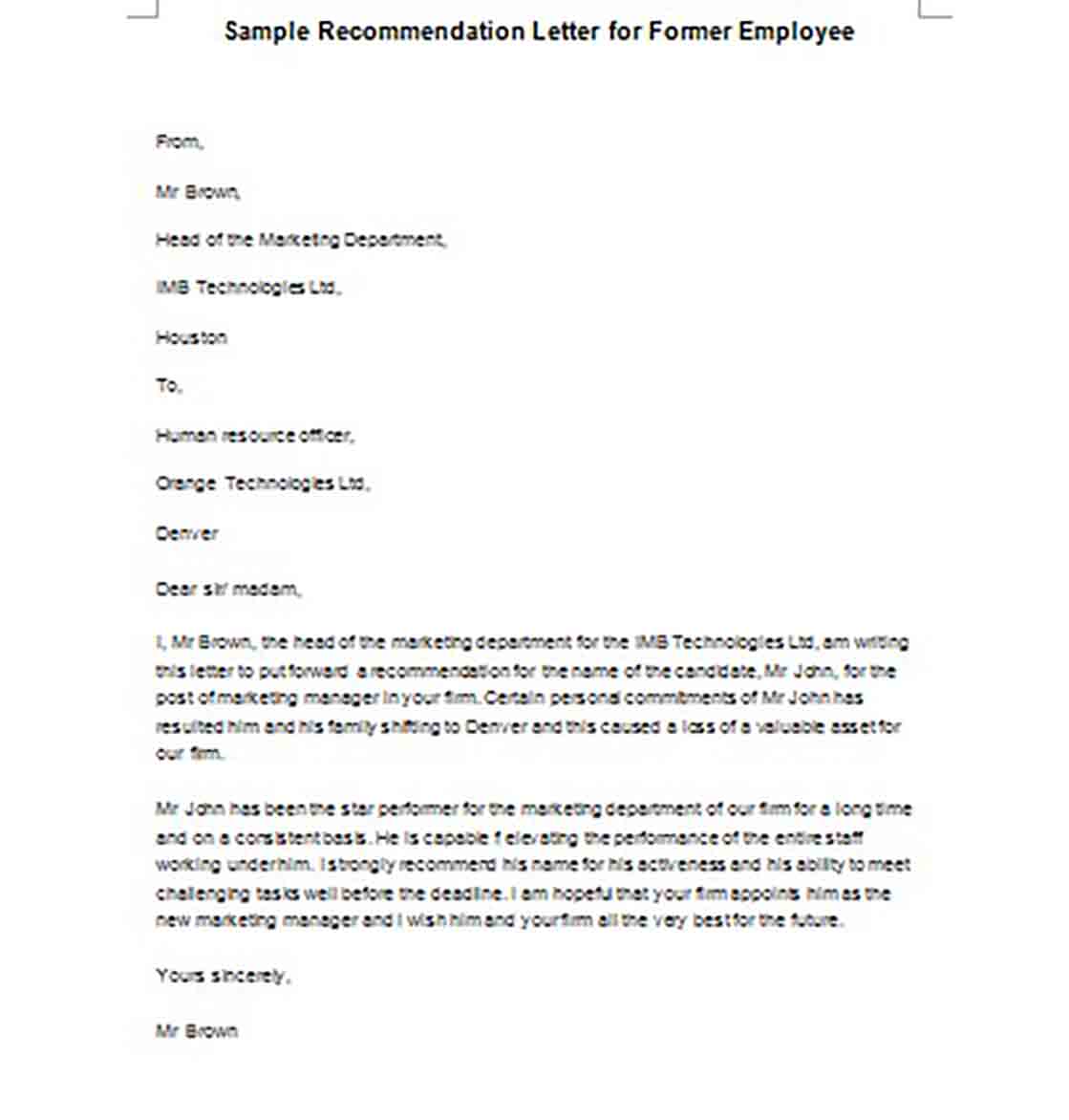 Recommendation Letter for Former Employee templates Recommendation Letter for Former Employee templates