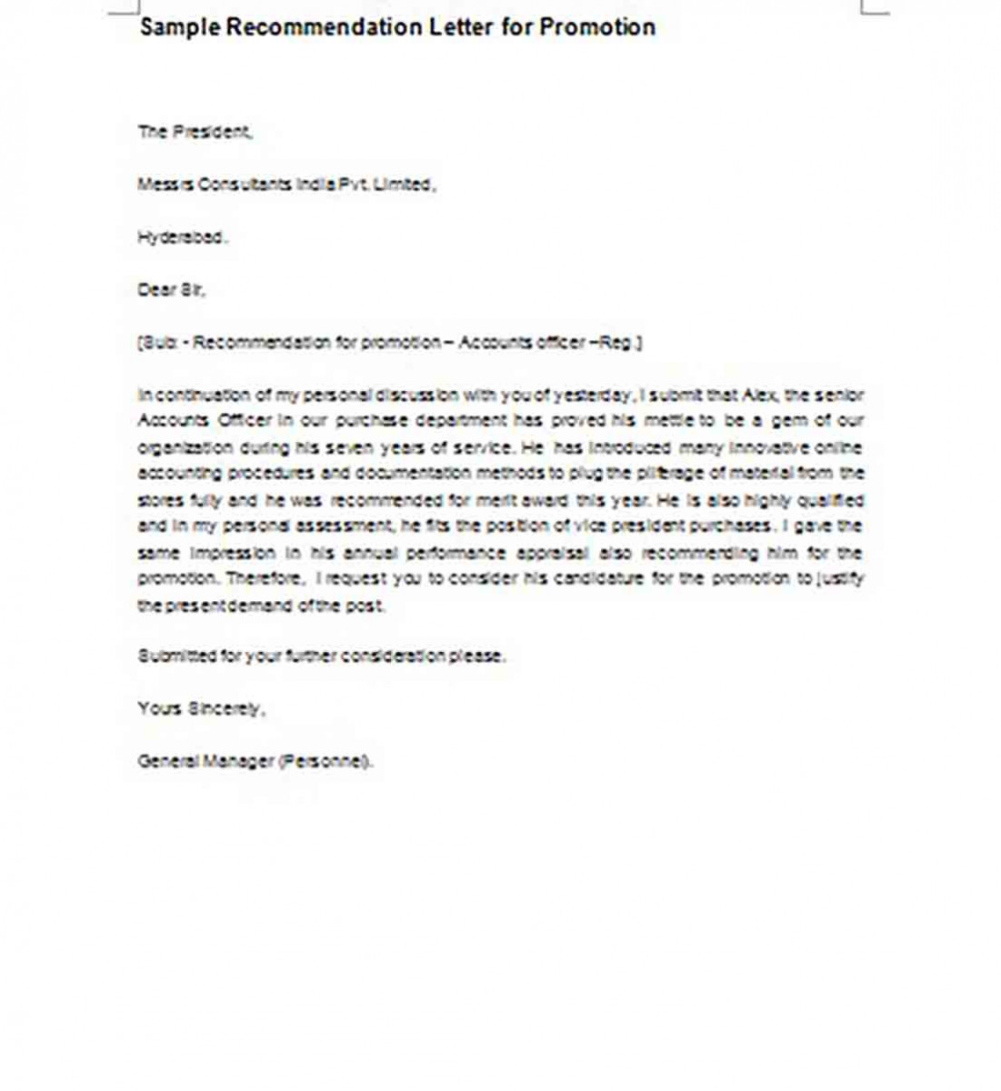 Recommendation Letter for Promotion templates Example Recommendation Letter for Promotion templates Example