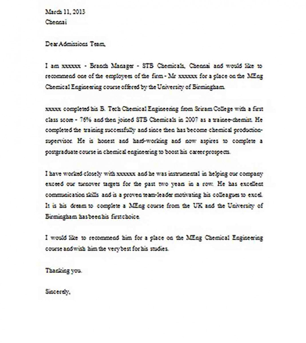 Recommendation Letter for an Engineering Student Recommendation Letter for an Engineering Student