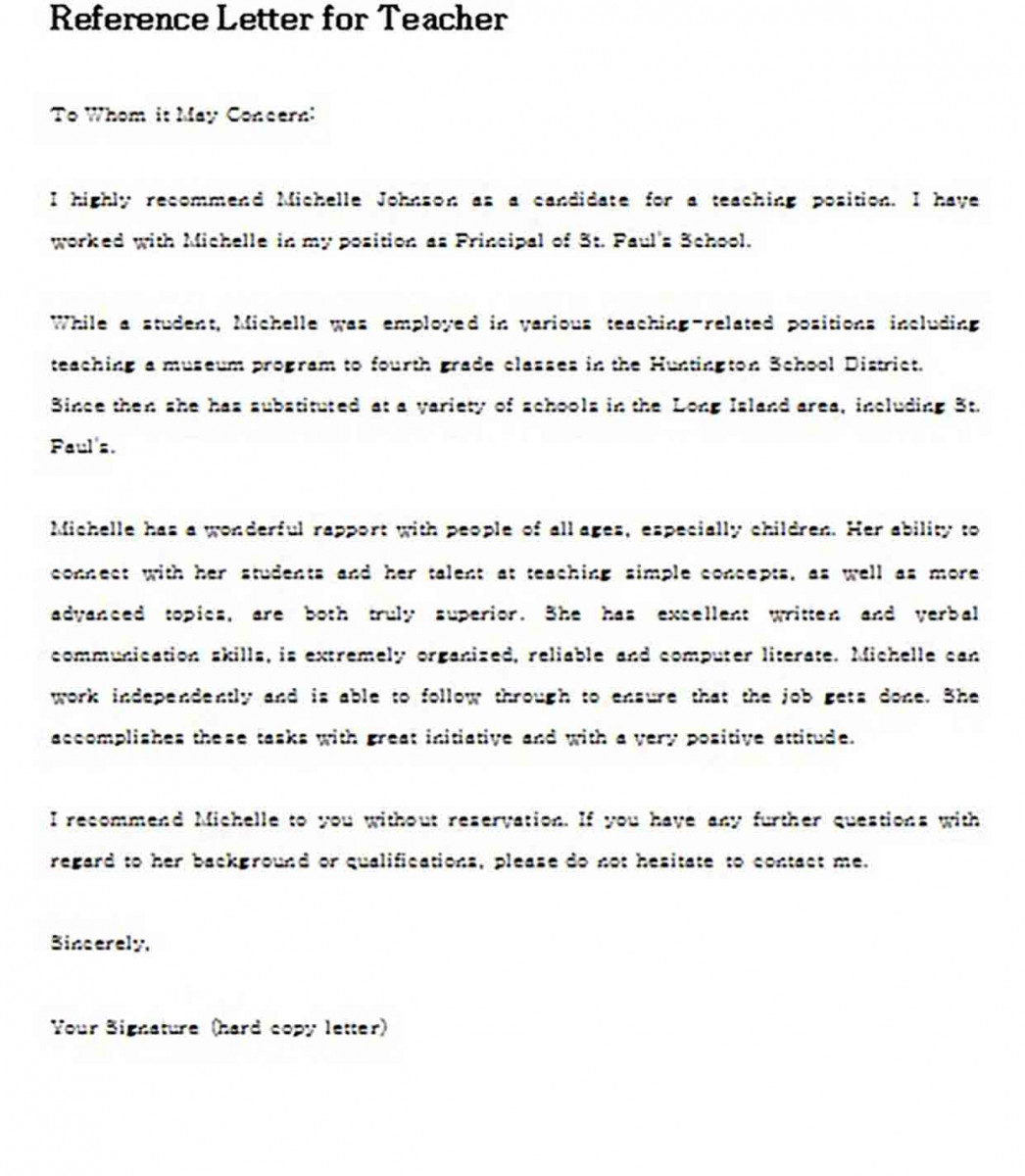 Reference Letter for Teacher Reference Letter for Teacher