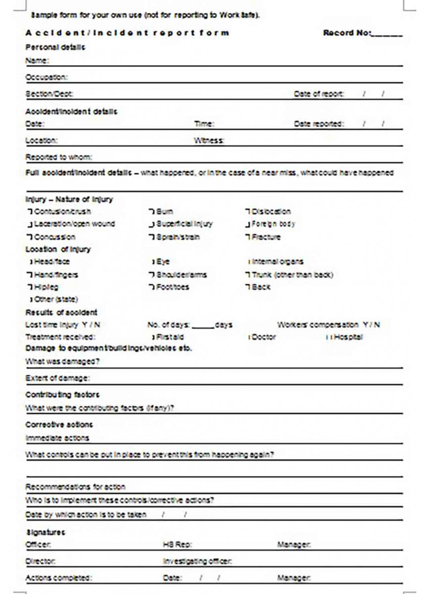 Sample Accident Incident Report Form to Worksafe Sample Accident Incident Report Form to Worksafe