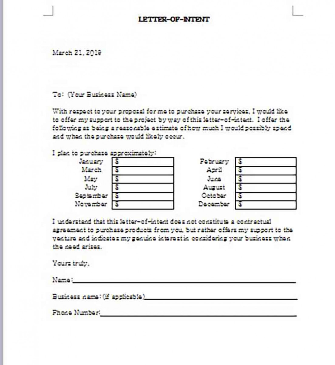 Sample Business Letter of Intent for Services Word Sample Business Letter of Intent for Services Word