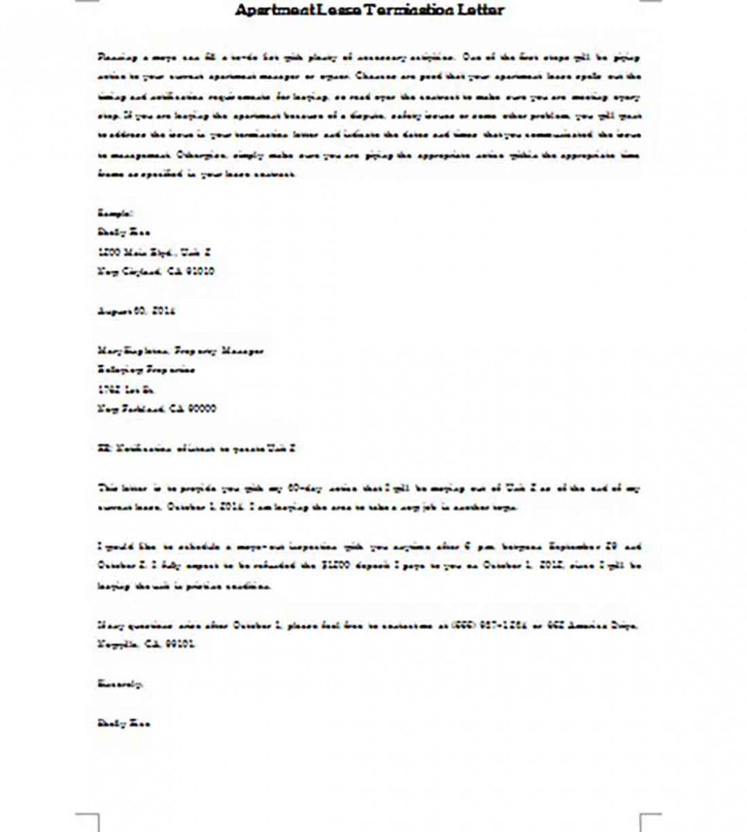Sample Lease Termination Letter Apartment templates Word Doc Sample Lease Termination Letter Apartment templates Word Doc