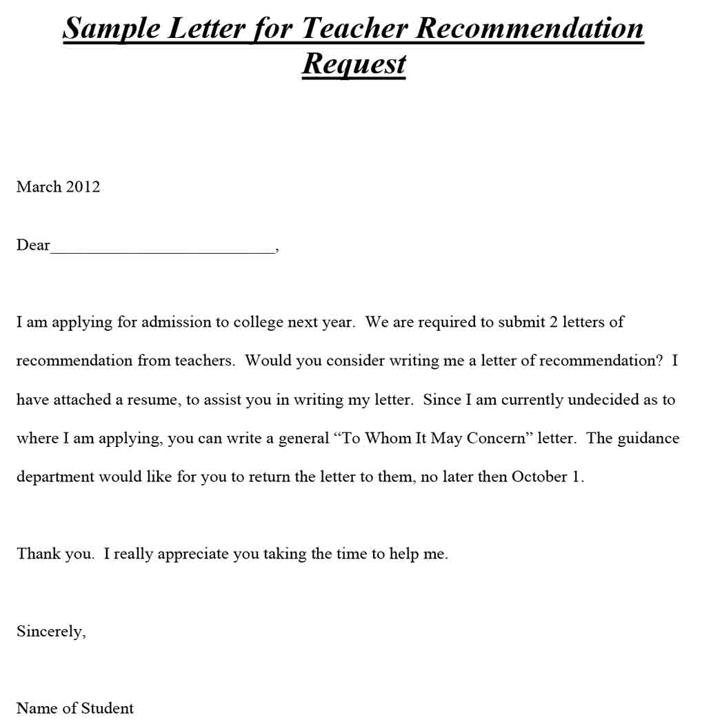 Sample Letter for Teacher Recommendation Request 1 Sample Letter for Teacher Recommendation Request 1