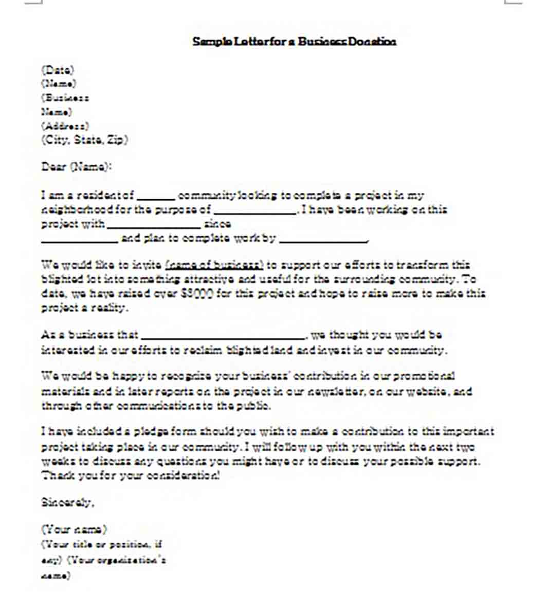 Sample Letter for a Business Donation Sample Letter for a Business Donation