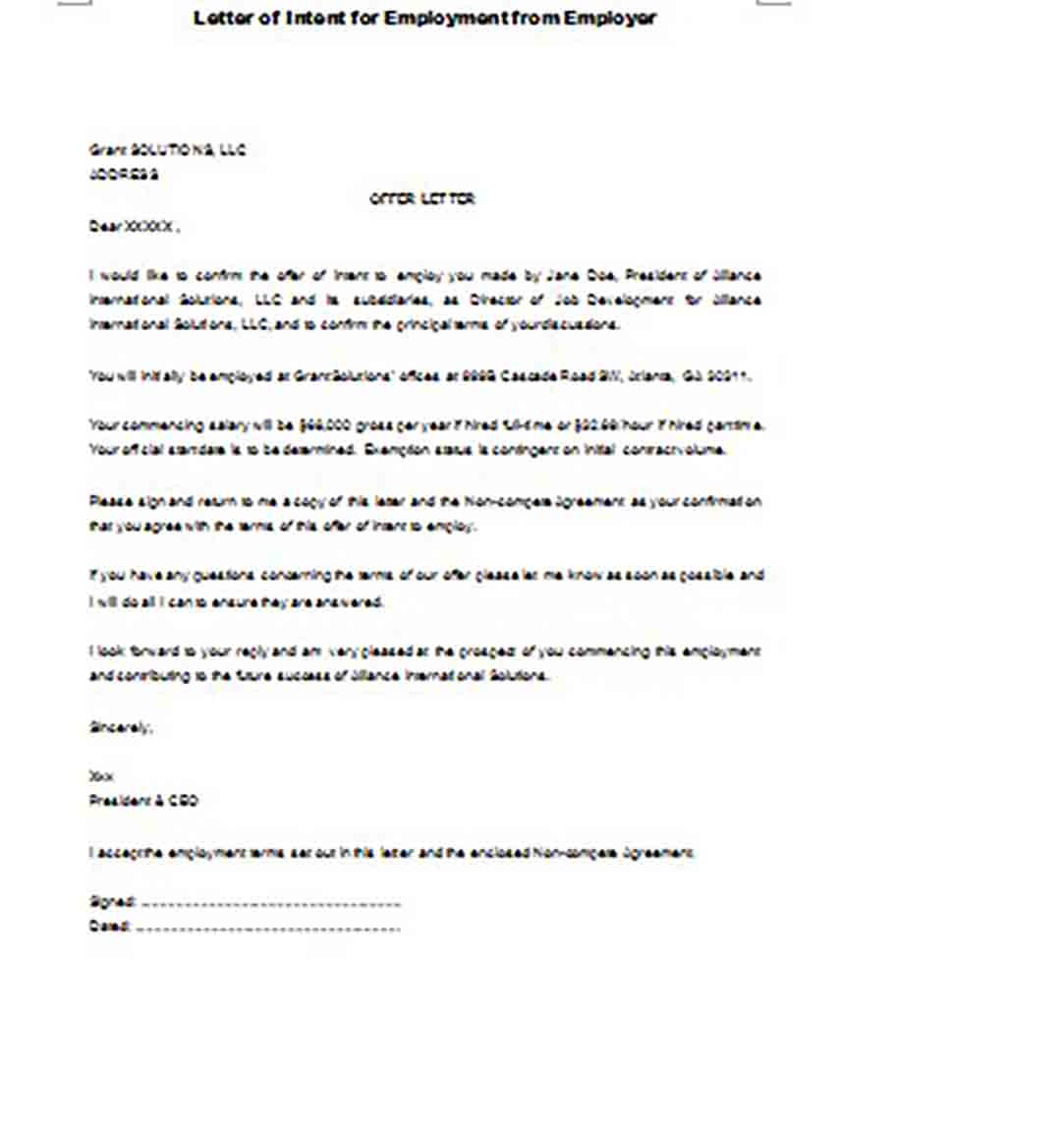 Sample Letter of Intent for Employment Sample Letter of Intent for Employment
