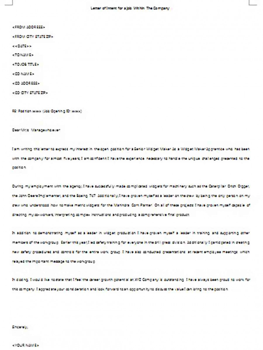 Sample Letter of Intent for a Job Position Within Same Company Sample Letter of Intent for a Job Position Within Same Company