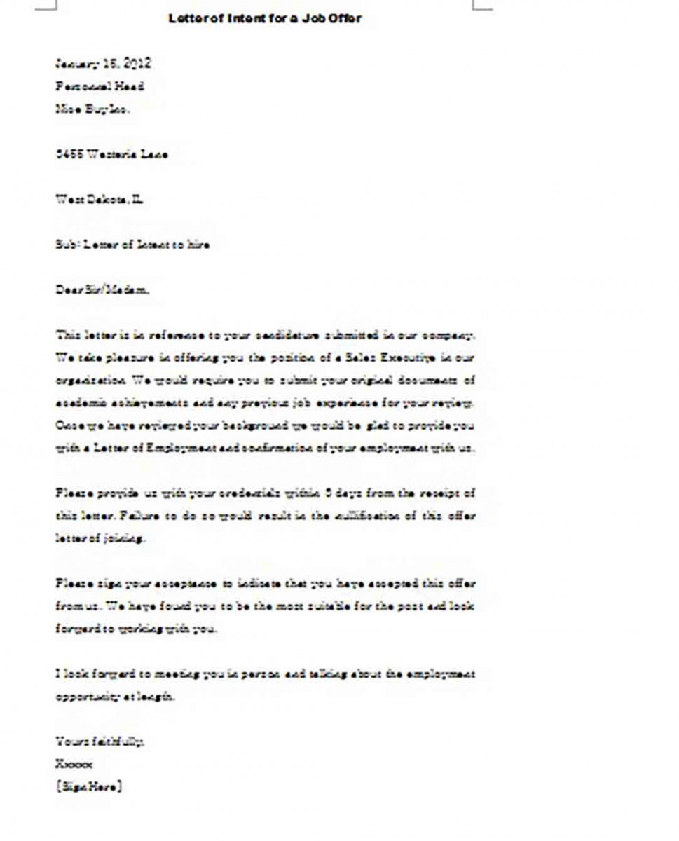Sample Letter of Intent templates for a Job Offer from Company Sample Letter of Intent templates for a Job Offer from Company