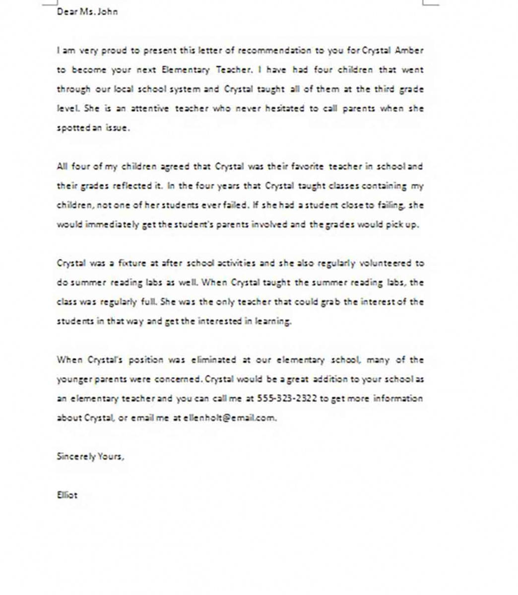 Sample Letter of Recommendation Elementary Teacher Sample Letter of Recommendation Elementary Teacher