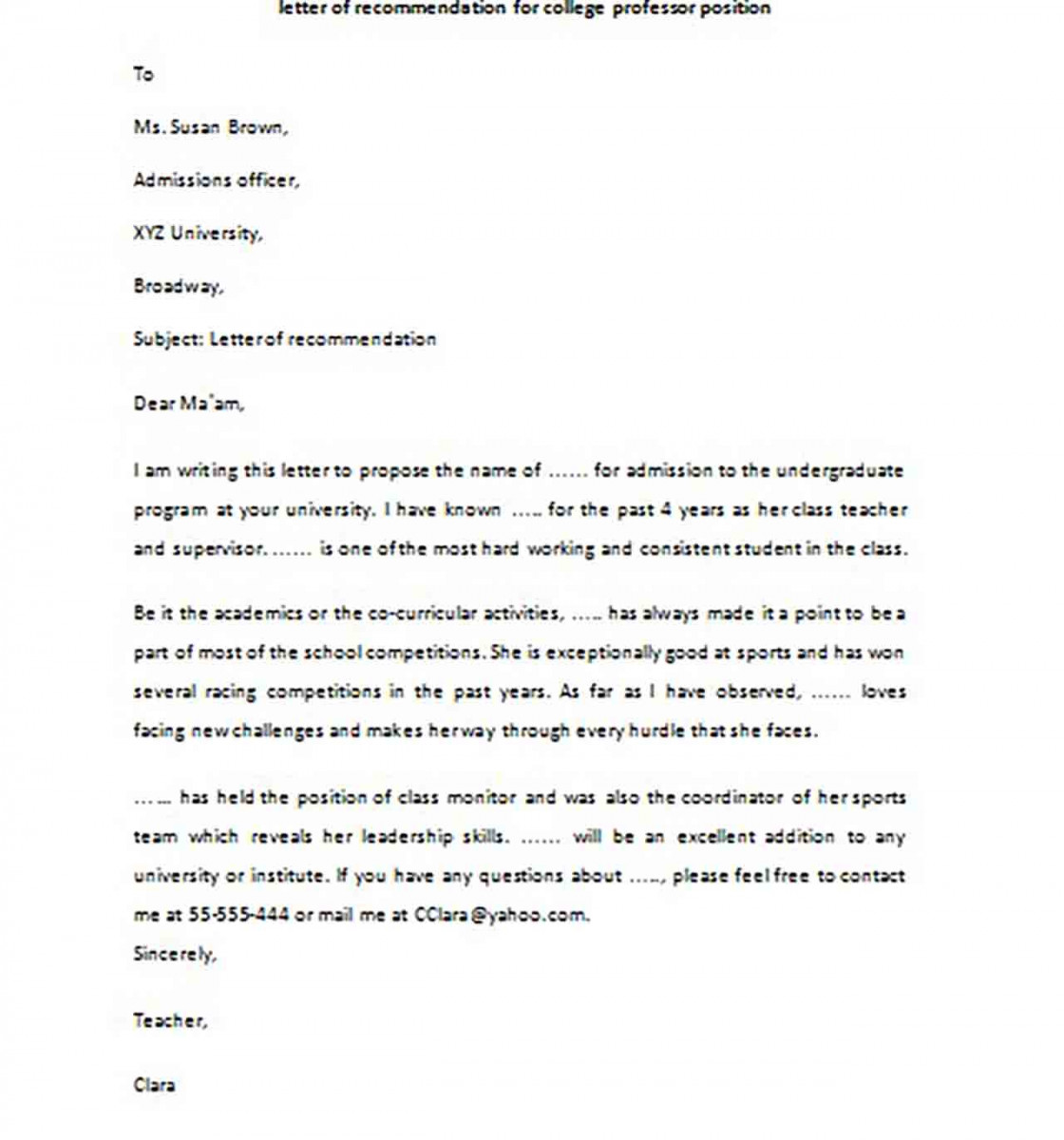 Sample Letter of Recommendation for College Professor Position Sample Letter of Recommendation for College Professor Position