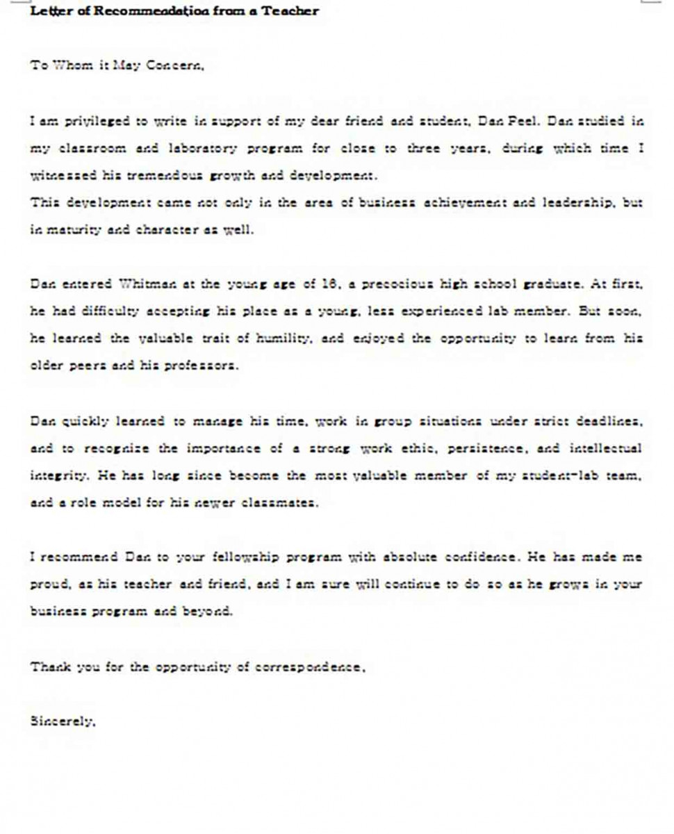 Sample Letter of Recommendation for Teacher From Student Sample Letter of Recommendation for Teacher From Student