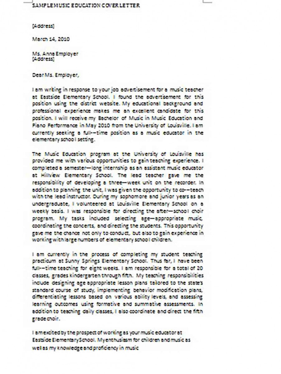 Sample Music Education Cover Letter Sample Music Education Cover Letter