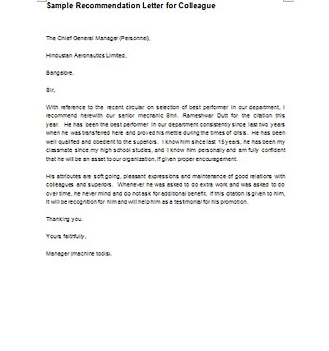 Sample Recommendation Letter for Colleague templates Sample Recommendation Letter for Colleague templates