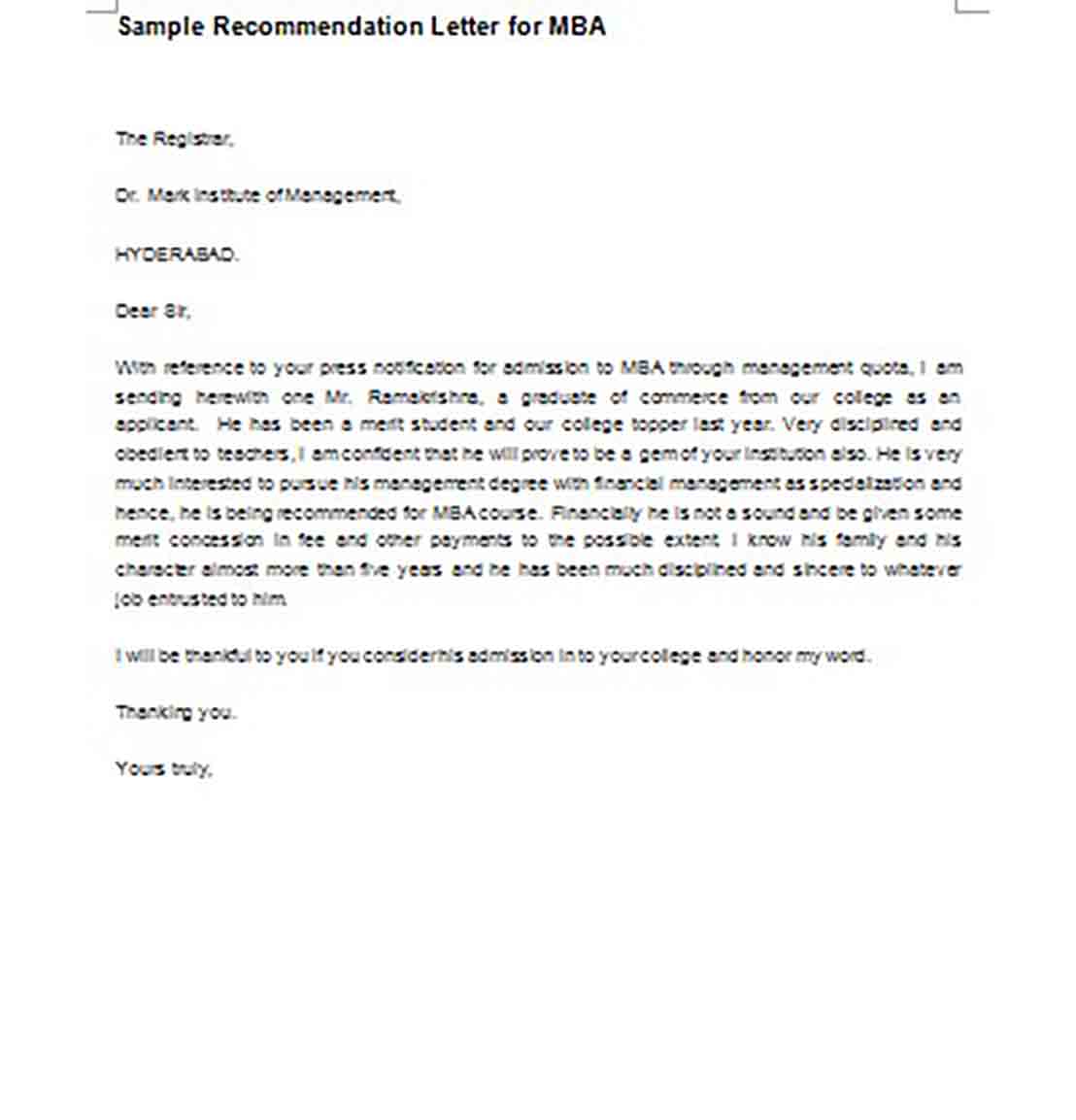 Sample Recommendation Letter for MBA Sample Recommendation Letter for MBA