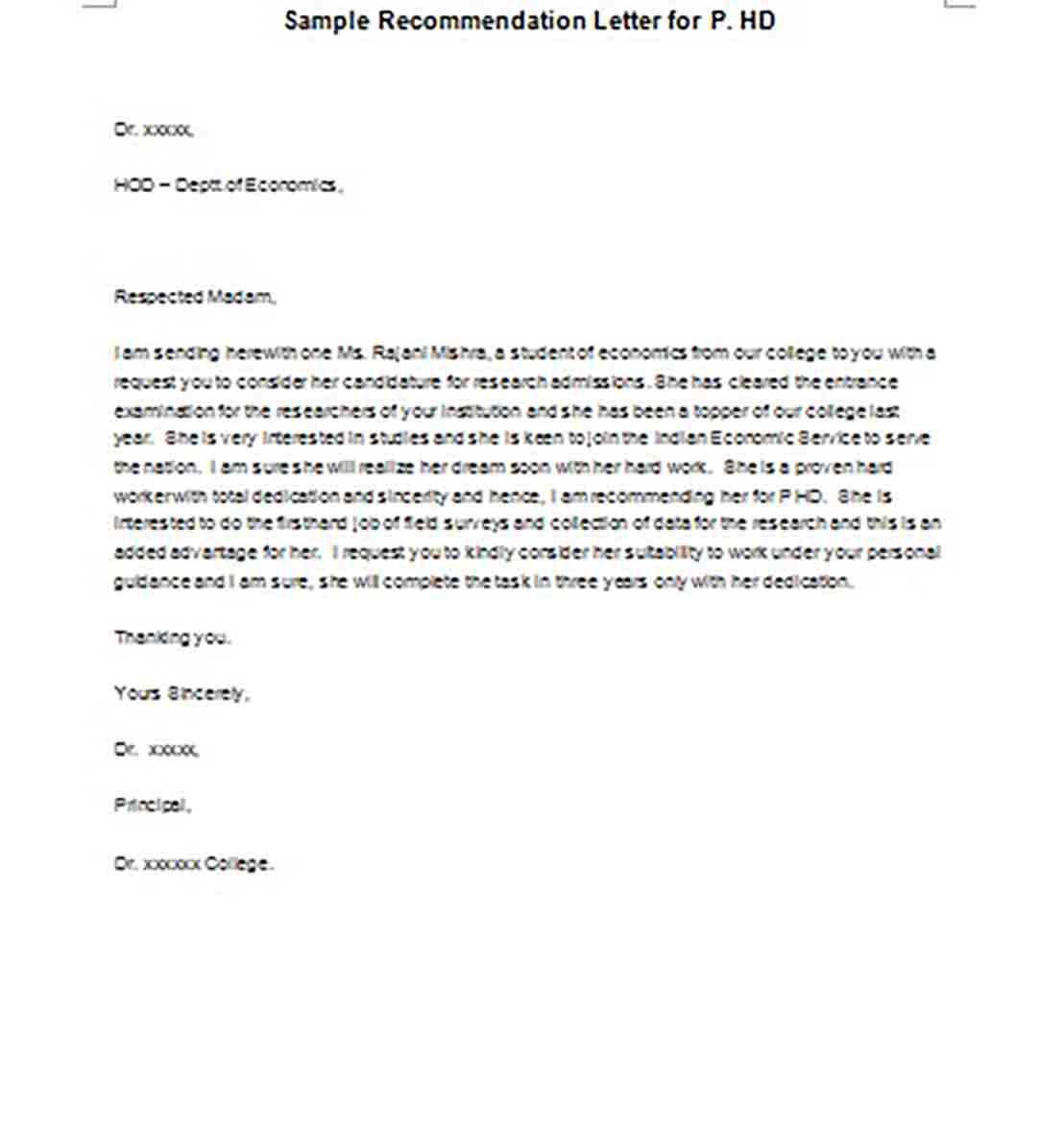 Sample Recommendation Letter for P.HD Sample Recommendation Letter for P.HD