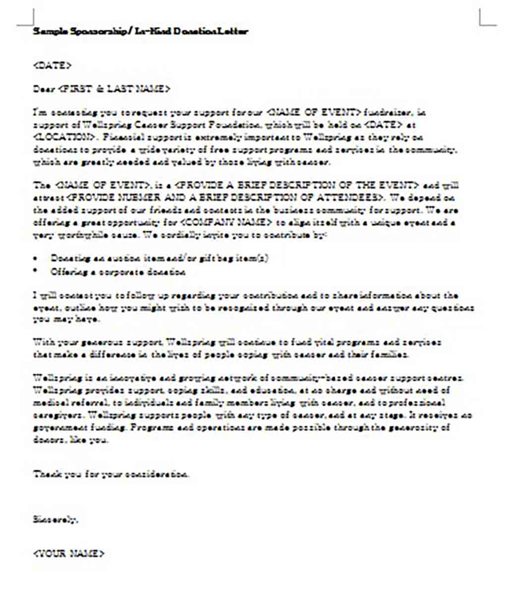 Sample Sponsorship In Kind Donation Letter Sample Sponsorship In Kind Donation Letter