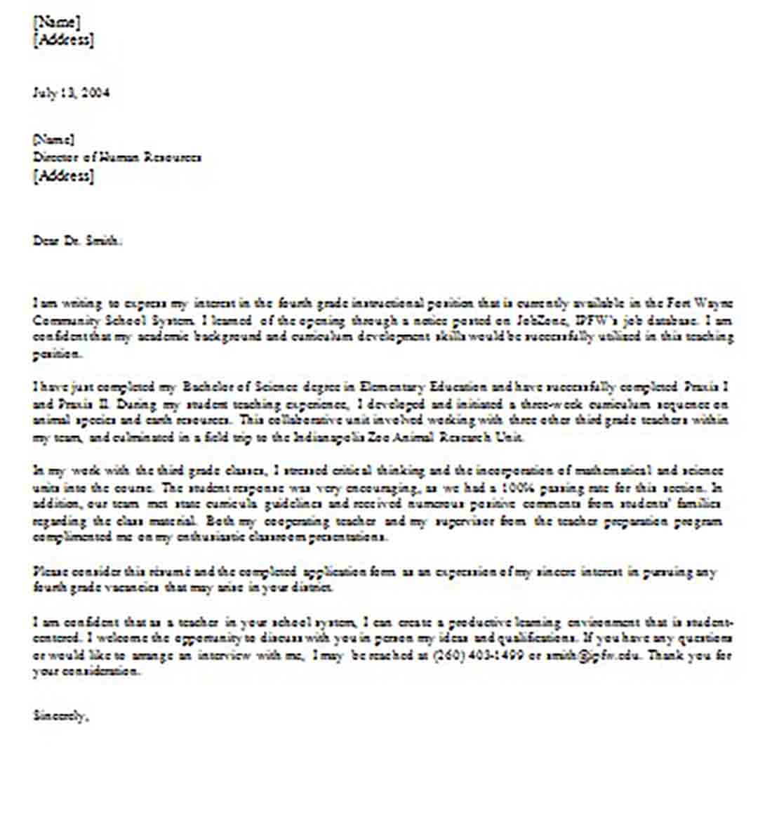 Sample Teacher Cover Letter Sample Teacher Cover Letter