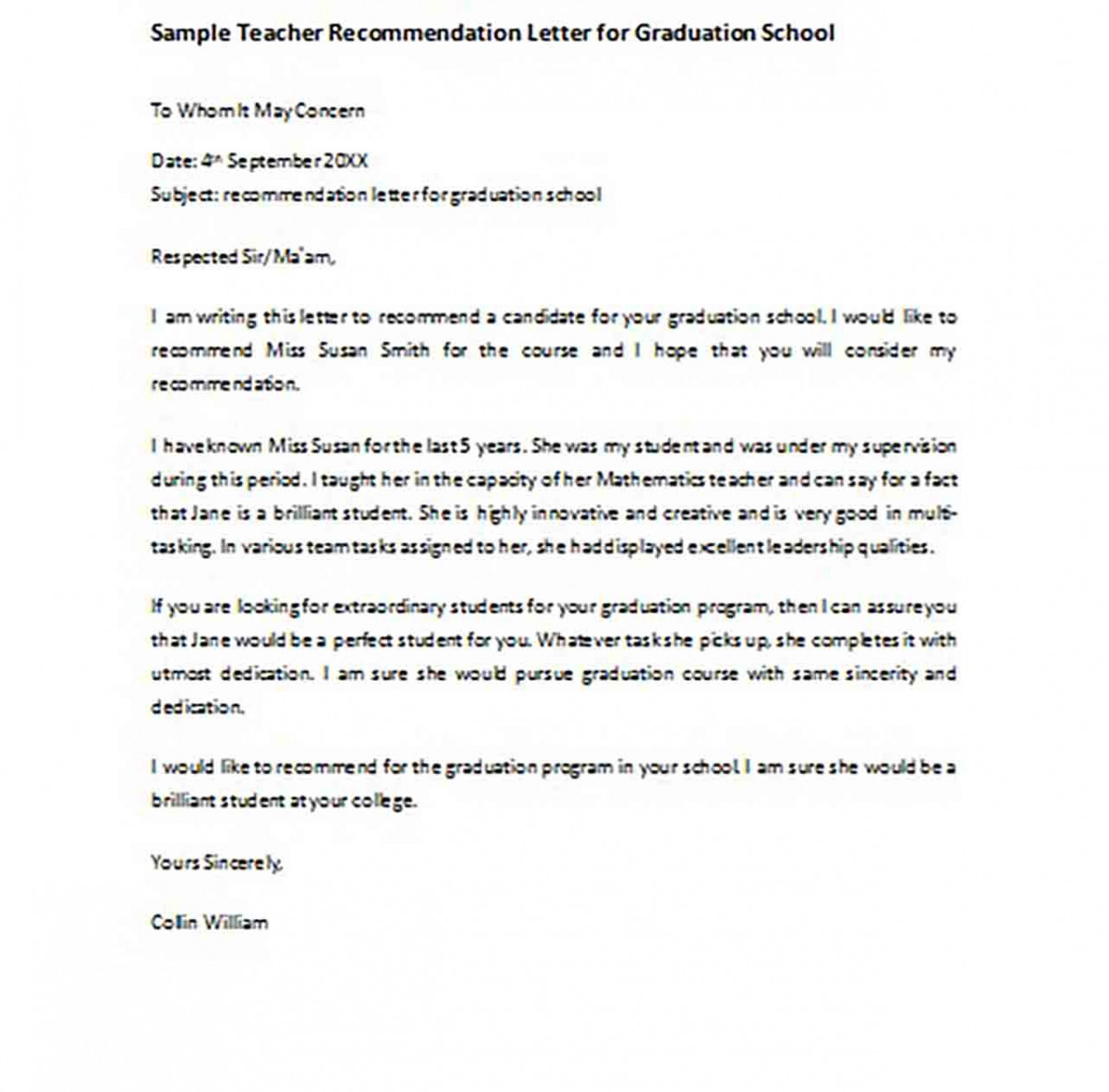 Sample Teacher Recommendation Letter for Graduation School Sample Teacher Recommendation Letter for Graduation School