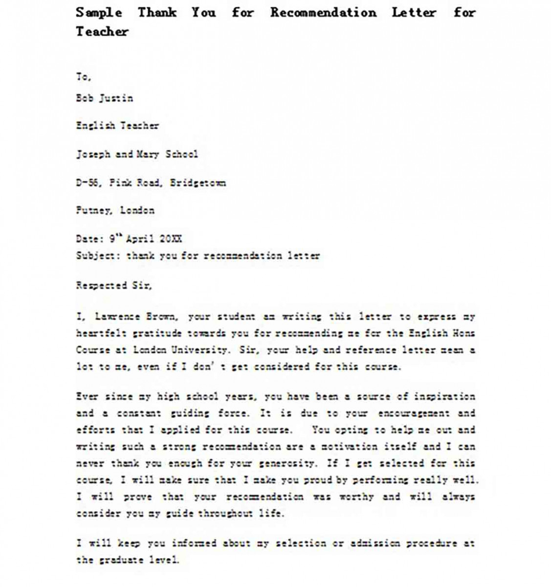 Sample Thank You for Recommendation Letter for Teacher Sample Thank You for Recommendation Letter for Teacher