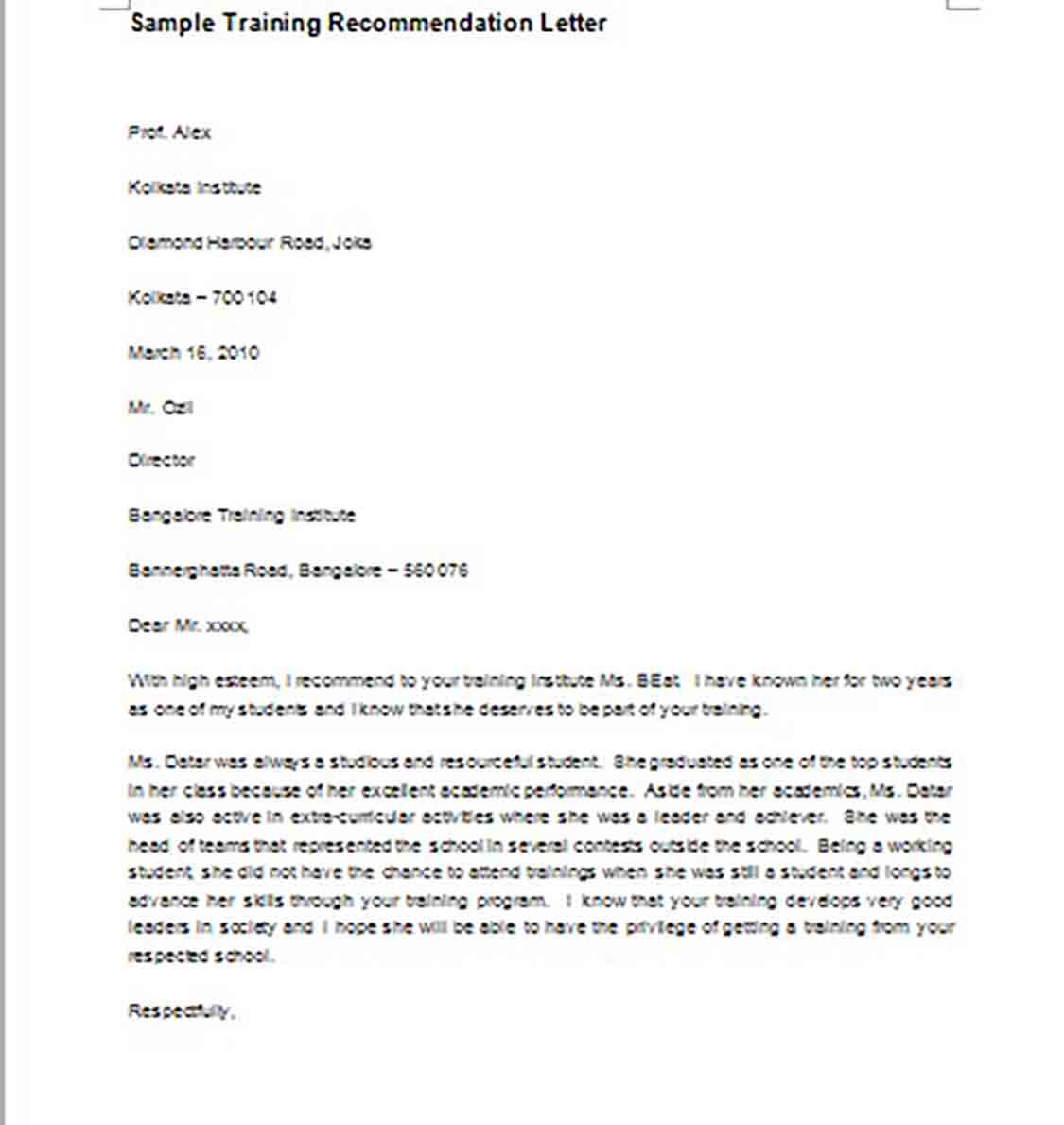 Sample Training Recommendation Letter Sample Training Recommendation Letter