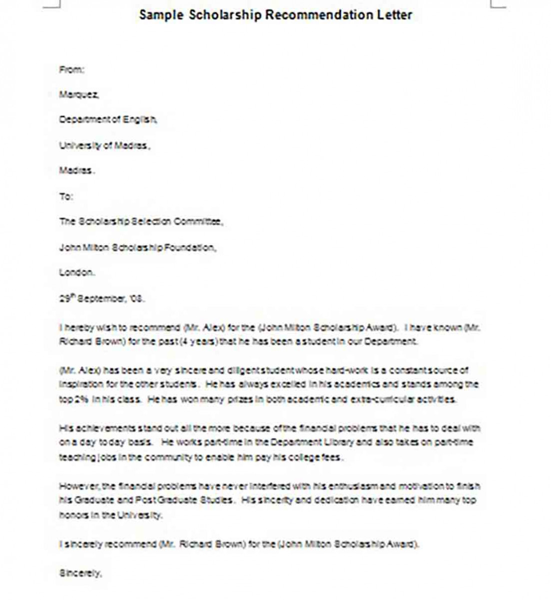Scholarship Recommendation Letter templates Scholarship Recommendation Letter templates