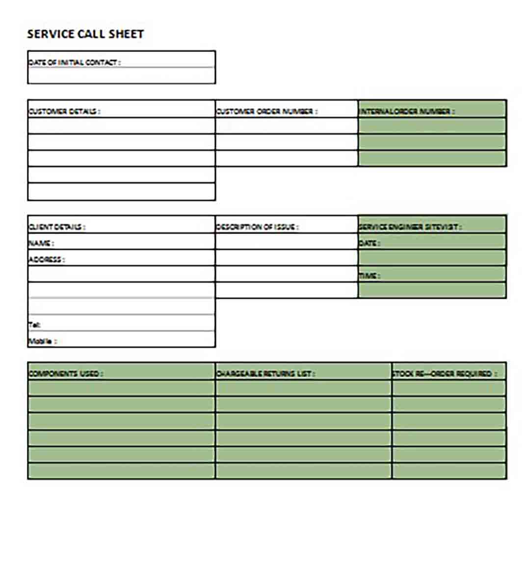 Service Call Sheet Service Call Sheet