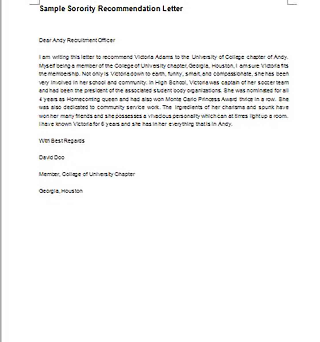 Sorority Recommendation Letter templates MS Word Sorority Recommendation Letter templates MS Word