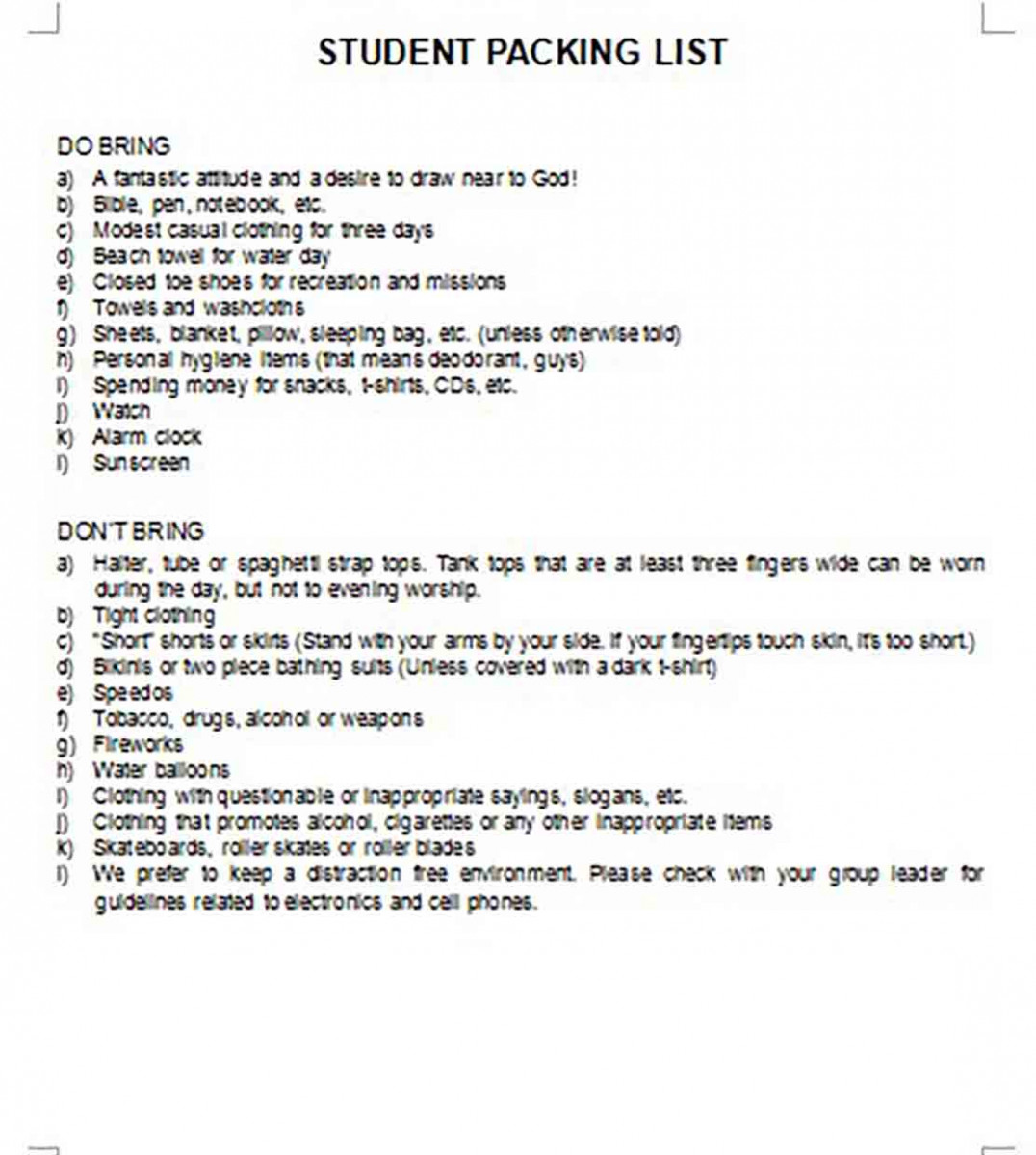 Standard Student Packing List Standard Student Packing List