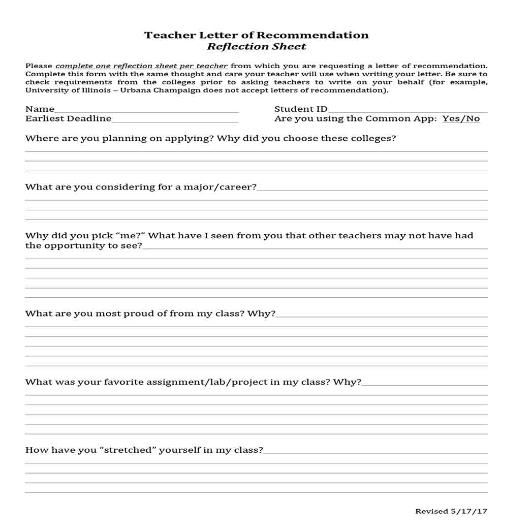 Teacher Letter of Recommendation Reflection Sheet 1 Teacher Letter of Recommendation Reflection Sheet 1