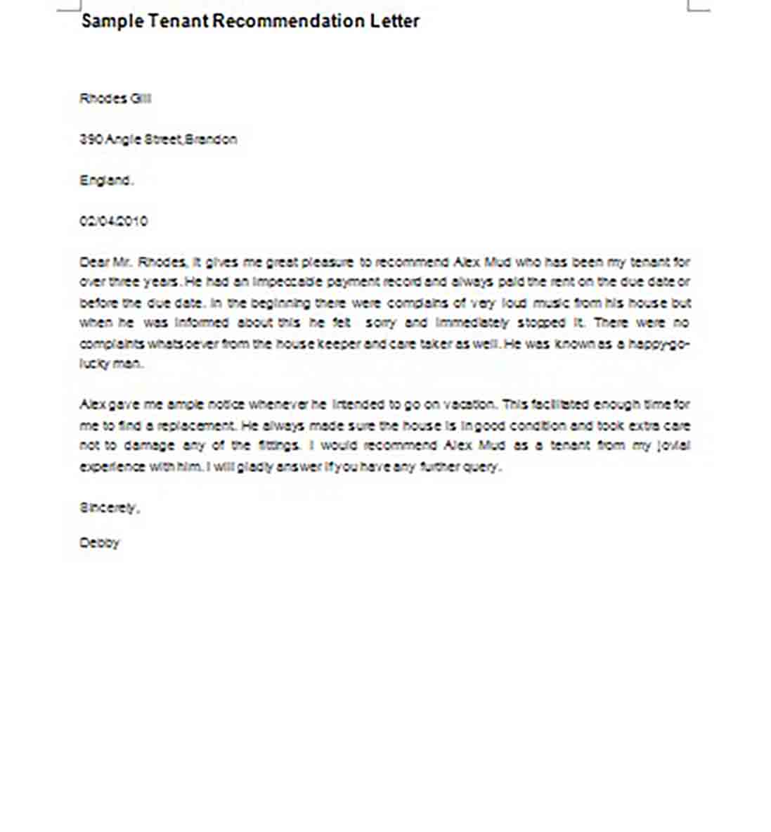 Tenant Recommendation Letter Tenant Recommendation Letter