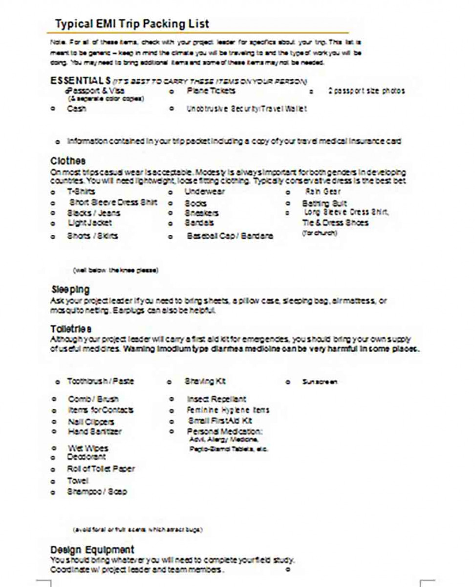 Trip Packing List Trip Packing List
