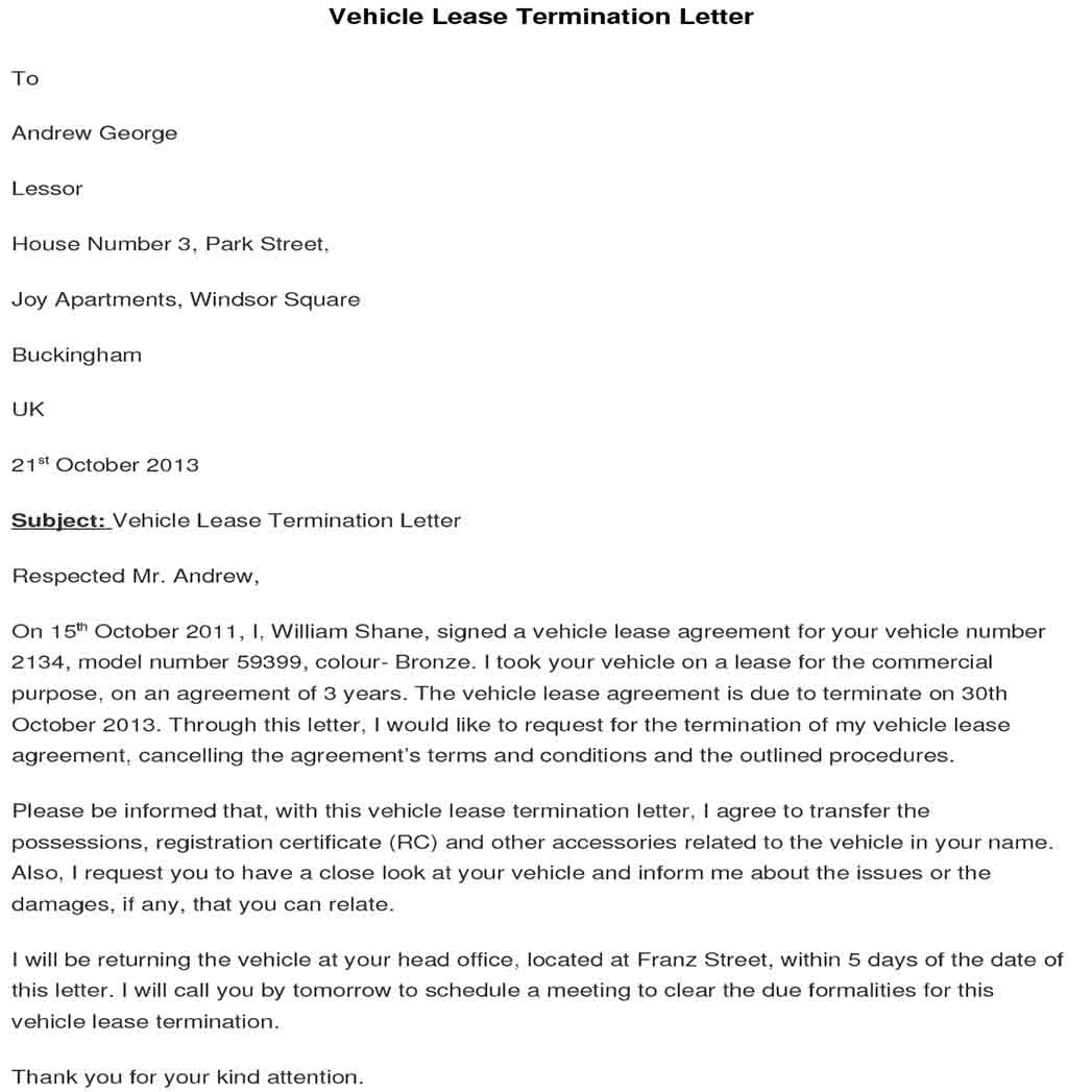 Vehicle Lease Termination Letter 1 Vehicle Lease Termination Letter 1