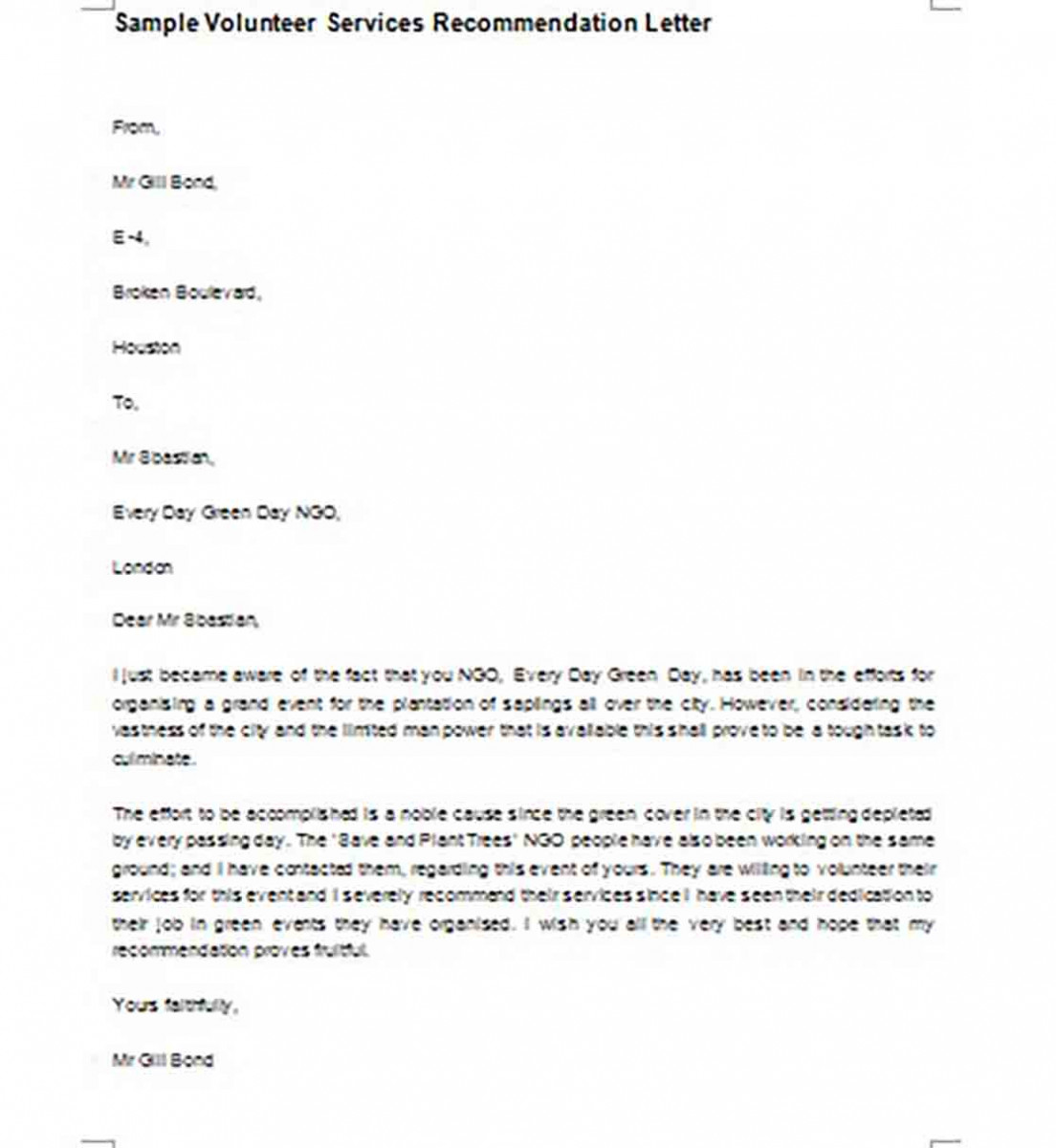 Volunteer Services Recommendation Letter templates Volunteer Services Recommendation Letter templates