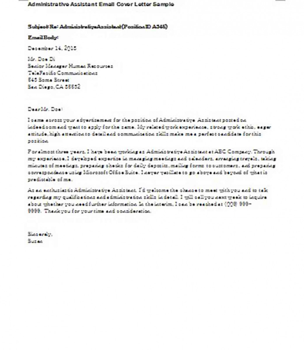 dministrative Assistant Email Cover Letter Sample dministrative Assistant Email Cover Letter Sample