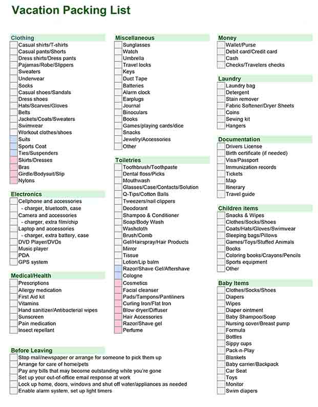 vacation packing list vacation packing list